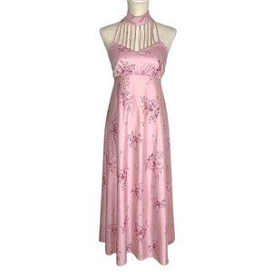 Vintage 70s Pink Caged Chest Choker Halter Fit Flare Full Length Dress Medium